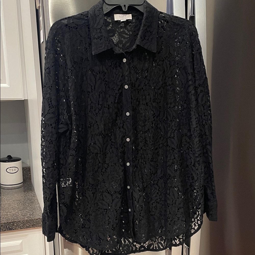 LOFT Elegant Black Lace Button-Up Blouse